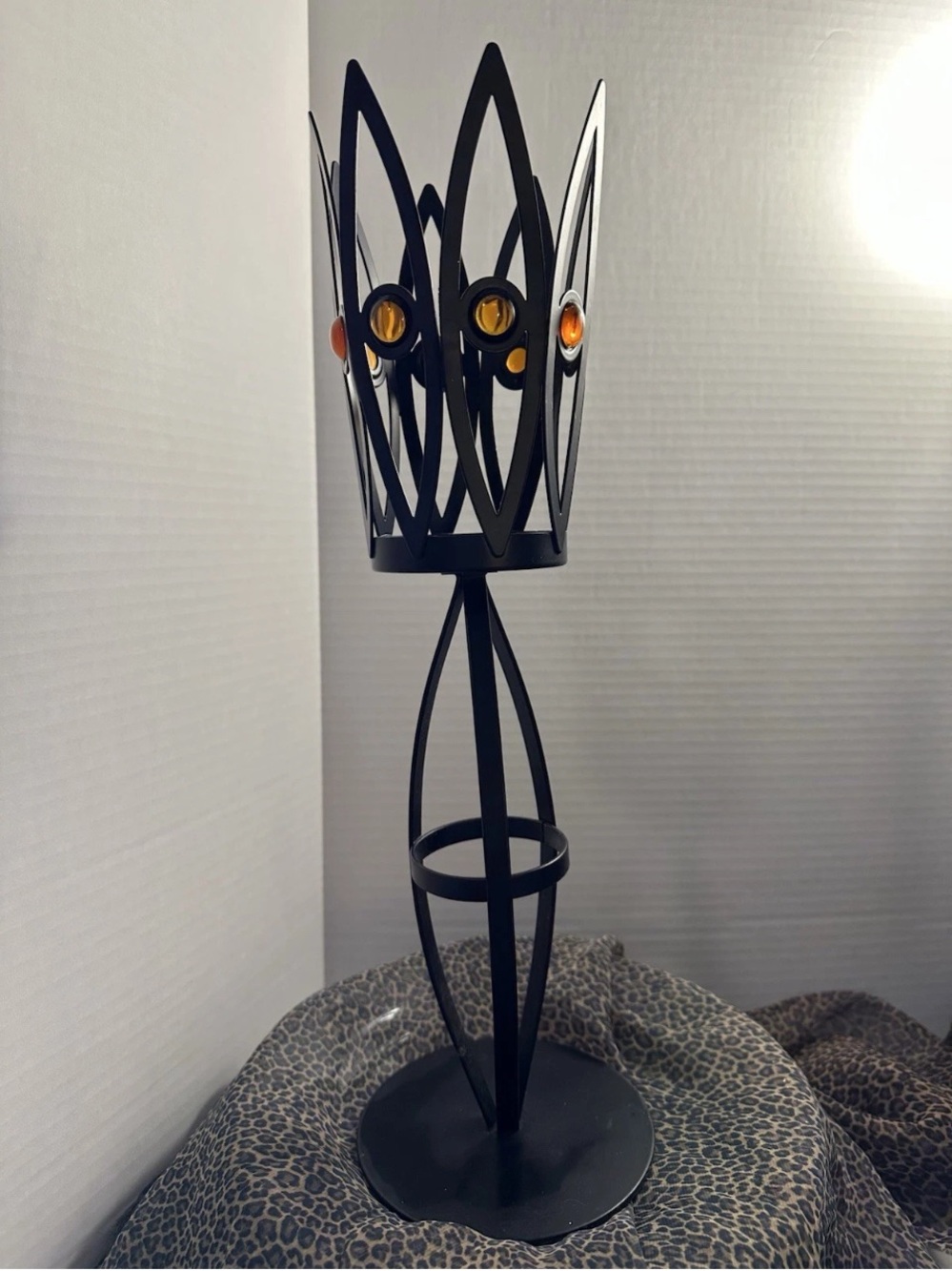 Candle holder Abura pillar Black Wrought Iron 17” Orange Jewels